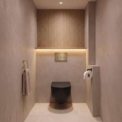 QeramiQ Dely Swirl Toiletset - 36.3x51.7cm - Geberit UP320 inbouwreservoir - met Burda frame -slim zitting - geborsteld messing bedieningsplaat - ronde knoppen - mat zwart