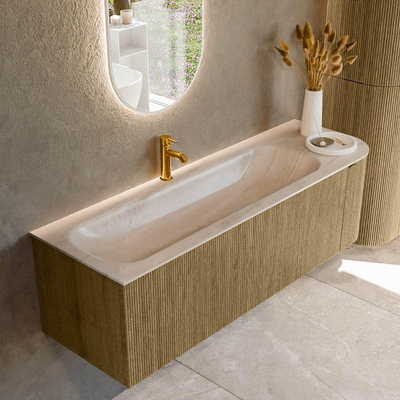 MONDIAZ KURVE-DLUX Meuble de salle de bains 145cm arrondi à droite couleur Dusk avec 1 tiroir et 1 porte. Lavabo BIG LARGE à gauche 1 trou de robinet Meli.