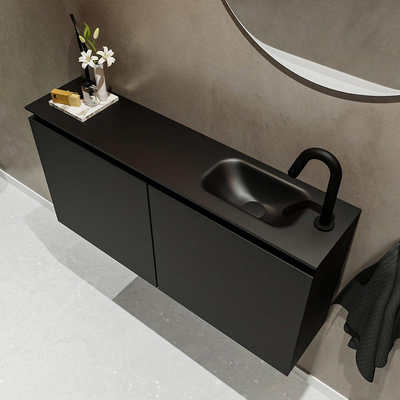 MONDIAZ TURE Fonteinset - 100x23x50cm - 1 kraangat - 2 deuren - urban mat - Wasbak rechts - Solid Surface Zwart