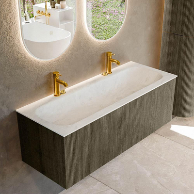 Mondiaz KURVE-DLUX Ensemble de meuble de salle de bains - 120x46x40cm - 1 tiroir - lavabo solid surface - milieu - 2 trous de robinet - Shadow