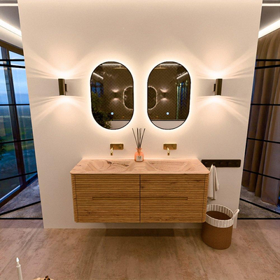 Mondiaz CIRO-DLUX Meuble de salle de bains - 130x45x50cm - Plan vasque solid surface Arena - 2 vasques Double - sans trous de robinet - 4 tiroirs - Chêne