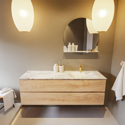 Mondiaz VICA-DLUX ensemble de meuble de salle de bain - 150cm - meuble sous-vasque chêne blanchi - 2 tiroirs - lavabo encastré cloud droite - 1 trou de robinet - version haute de 60cm - glace