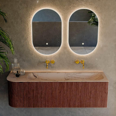 MONDIAZ KURVE-DLUX Meuble de salle de bains 145cm arrondi à gauche couleur Ruby avec 1 tiroir et 1 porte. Lavabo BIG LARGE à droite sans trou de robinet Arena.