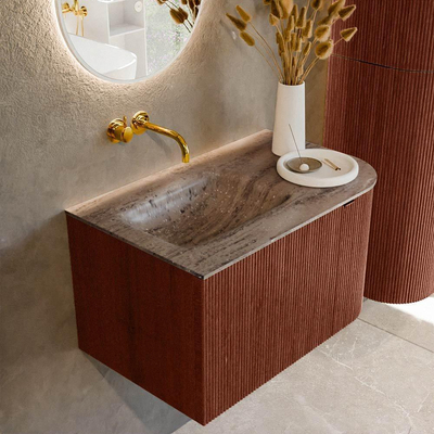 MONDIAZ KURVE-DLUX Meuble de salle de bains 75cm arrondi à droite couleur Ruby avec 1 tiroir et 1 porte. Lavabo GRUNNE à gauche sans trou de robinet Oza.