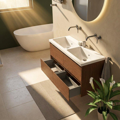Saniclass Holz Pure Ensemble de meubles de salle de bains - 120x45x63.5cm - Lavabo Bari en céramique blanc - 2 vasques - sans trous de robinetterie - 4 tiroirs - walnut pure mat (bois)
