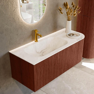 Mondiaz KURVE-DLUX Badkamermeubelset - 115x46x40cm - 1 lade - 1 deur - wastafel solid surface - links - 1 kraangat - Ruby