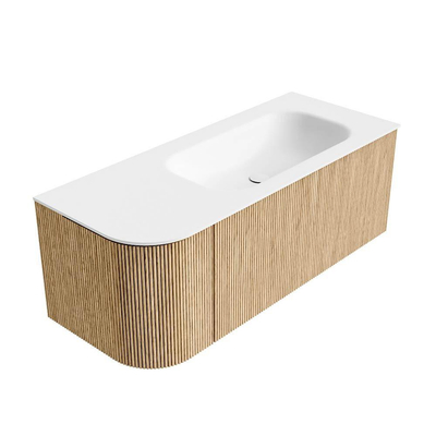 MONDIAZ KURVE 115cm Meuble salle de bain avec module 25 G - couleur Oak - 1 tiroir - 1 porte - vasque BIG SMALL droite - sans trous de robinet - Talc