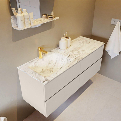 Mondiaz VICA-DLUX ensemble de meuble de salle de bain - 130cm - meuble sous-vasque lin - 4 tiroirs - lavabo encastré nuage gauche - 1 trou de robinet - version haute de 60cm - glace