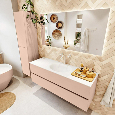 Mondiaz VICA Ensemble de meuble de salle de bain - 140cm - meuble sous vasque rosee - 2 tiroirs - lavabo moon milieu - 1 trou de robinet - version haute de 60cm - talc