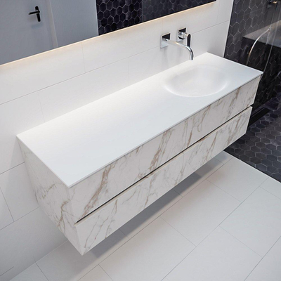 Mondiaz VICA ensemble de meuble de salle de bain - 150cm - meuble sous-vasque carrara - 4 tiroirs - lavabo moon droite - sans trous de robinet - miroir LED - version XL 60cm de haut