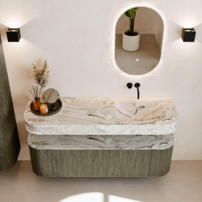 MONDIAZ THOR-DLUX 150cm badmeubel ronding links + rechts kleur Shadow met 1 lade en 2 deuren. Vrijhangende wastafel CLOUD Rechts zonder kraangat kleur Glace.