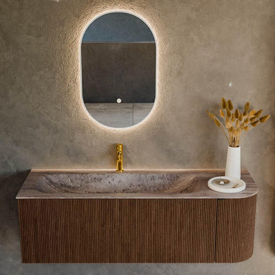 MONDIAZ KURVE-DLUX meuble de salle de bains 135cm arrondi droit couleur noyer avec 1 tiroir et 1 porte. Lavabo BIG MEDIUM gauche 1 trou de robinet Oza.