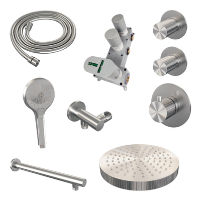 BRAUER Stripe Thermostatische Inbouw Regendouche - SET 04 - 25cm douchekop - rechte muurarm - 3-standen handdouche - doucheslang - wandaansluitbocht - RVS-kleurig geborsteld PVD