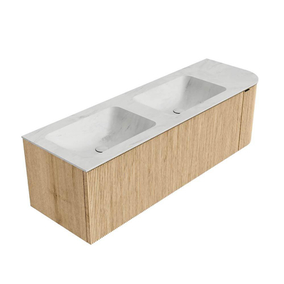MONDIAZ KURVE-DLUX 145cm badmeubel met module 25 R kleur Oak met 1 lade en 1 deur. Wastafel LEAF dubbel / links zonder kraangat kleur Opalo.