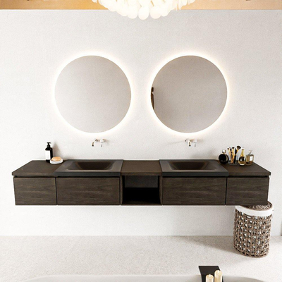 MONDIAZ BUKLA 240cm ensemble de meuble avec module ouvert 40 au milieu couleur Marron foncé avec 4 tiroirs. Lavabo CLOUD double 0 trou de robinet couleur Urban.