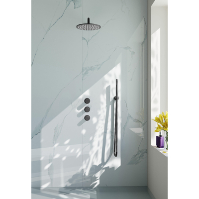 Fortifura Nebbio Regendoucheset - inbouwkraan - inbouwdeel - wandaansluitbocht - doucheslang glad - staafhanddouche - 35cm - wandarm - 30cm ronde hoofddouche - PVD - geborsteld gunmetal (antraciet)
