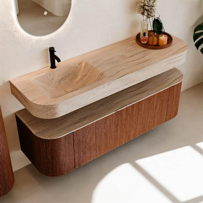 MONDIAZ THOR-DLUX 150cm meuble de salle de bains arrondi gauche + droite couleur Ruby avec 1 tiroir et 2 portes. Vasque suspendue CLOUD Gauche 1 trou de robinet couleur Saba.