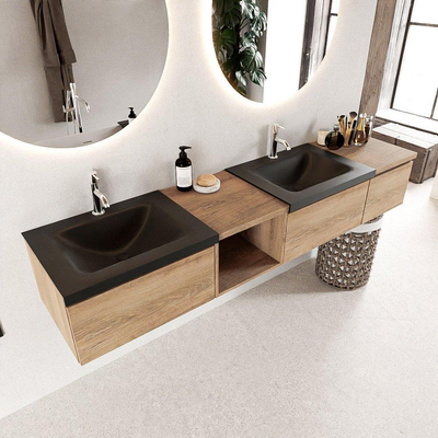 MONDIAZ BUKLA 200cm ensemble de meuble avec module ouvert 40 gauche couleur Chêne blanchi avec 3 tiroirs. Lavabo CLOUD double 2 trous de robinet couleur Urbaine.