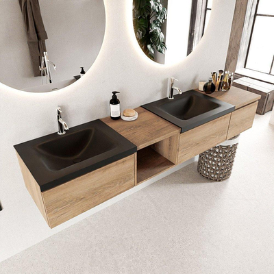 Mondiaz BUKLA badkamermeubelset 200x45x34cm 2 kraangaten 2 wasbakken solid surface Urban greeploos 3 lades met softclose Melamine Washed Oak