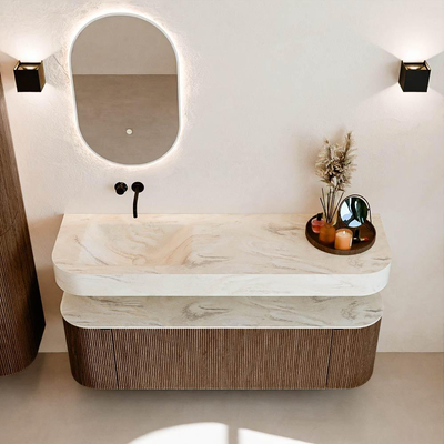 MONDIAZ THOR-DLUX 150cm meuble de salle de bains arrondi gauche + droite couleur Walnut avec 1 tiroir et 2 portes. Vasque suspendue CLOUD Gauche sans trou de robinet couleur Ostra.