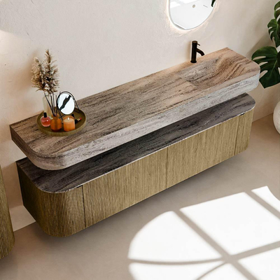 MONDIAZ THOR-DLUX 190cm meuble de salle de bains arrondi gauche + droite couleur Dusk avec 2 tiroirs et 2 portes. Vasque suspendue CLOUD Droite 1 trou de robinet couleur Oza.