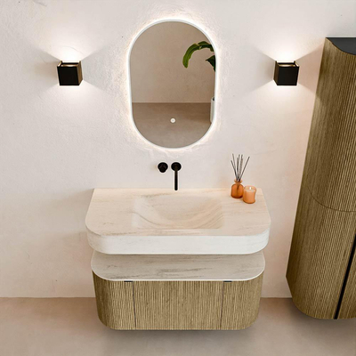 MONDIAZ THOR-DLUX 100cm meuble de salle de bains arrondi gauche + droite couleur Dusk avec 1 tiroir et 2 portes. Vasque suspendue CLOUD Milieu sans trou de robinet couleur Meli.