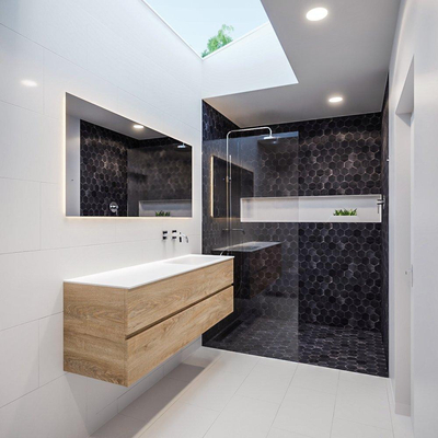 ENSEMBLE DE MEUBLE MONDIAZ VICA - 150 cm - 2 tiroirs - lavabo Cloud à droite - 0 trous de robinet - solid surface chêne blanchi