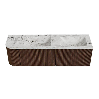 MONDIAZ KURVE-DLUX Meuble de salle de bains 155cm avec module 25 L couleur Walnut avec 2 tiroirs et 1 porte. Lavabo LEAF double / droite sans trou de robinet couleur Glace.