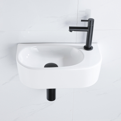 QeramiQ Fuente Ensemble de lavabo - 40x21.5x12cm - droite - lisse - demi-rond - 1 trou de robinet - céramique - robinet de lavabo noir mat - bouchon de vidange - siphon abaissé - blanc brillant