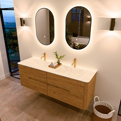 Mondiaz CIRO-DLUX Ensemble meuble de salle de bains - 150x45x50cm - Plan vasque solid surface Opalo - 2 vasques double - 2 trous de robinetterie - 4 tiroirs - Chêne