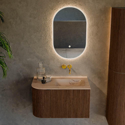 MONDIAZ KURVE-DLUX Meuble de salle de bains 75cm arrondi à gauche couleur Walnut avec 1 tiroir et 1 porte. Lavabo GRUNNE à droite sans trou de robinet Arena.
