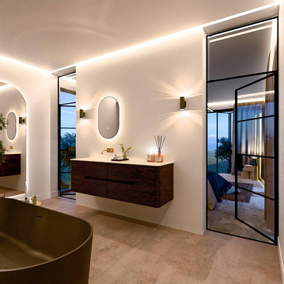 Mondiaz CIRO-DLUX Meuble de salle de bains - 160x45x50cm - vasque solid surface Ostra - 1 lavabo à gauche - sans trous de robinet - 4 tiroirs - Noyer