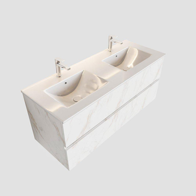 MONDIAZ VICA Ensemble de meuble salle de bain - 120cm - 2 tiroirs - lavabo Denia double 2 trous de robinet - céramique - marbre Carrara