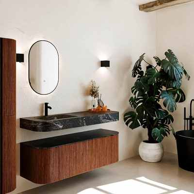 MONDIAZ THOR-DLUX 140cm meuble de salle de bains arrondi gauche + droite couleur Ruby avec 1 tiroir et 2 portes. Vasque suspendue CLOUD Gauche 1 trou de robinet couleur Lava.