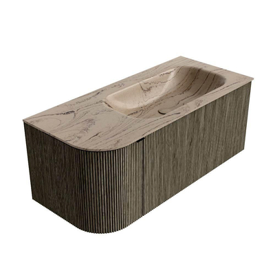 MONDIAZ KURVE-DLUX Meuble de salle de bains 105cm arrondi à gauche couleur Shadow avec 1 tiroir et 1 porte. Lavabo BIG SMALL à droite sans trou de robinet Arena.