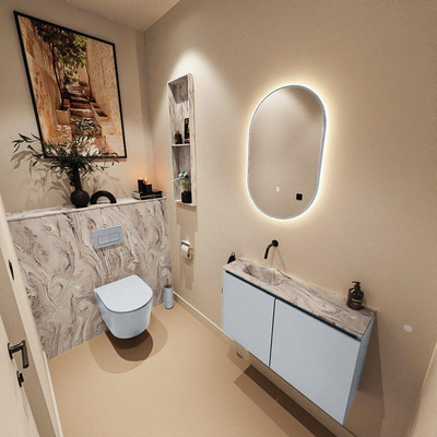MONDIAZ TURE-DLUX Meuble toilette - 80cm - Clay - EDEN - vasque Glace - position gauche - sans trou de robinet