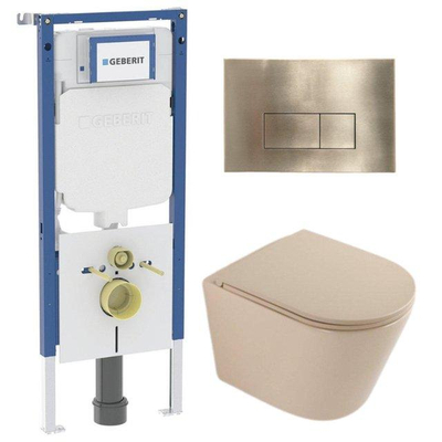 QeramiQ Dely Ensemble de toilette - 36.3x51.7cm - cuvette profonde - sans bride - réservoir encastré Geberit UP720 - abattant de toilette softclose - plaque de commande laiton brossé - boutons rectangulaires - beige mat