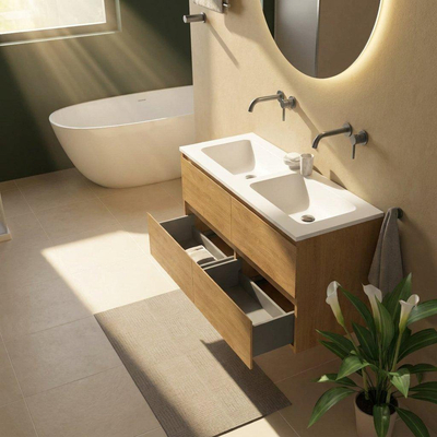 Saniclass Holz Pure Ensemble de meubles de salle de bains - 120x45x77.5cm - lavabo Torino en solid surface blanc - sans trou de robinet - 4 tiroirs - chêne natural mat (bois)