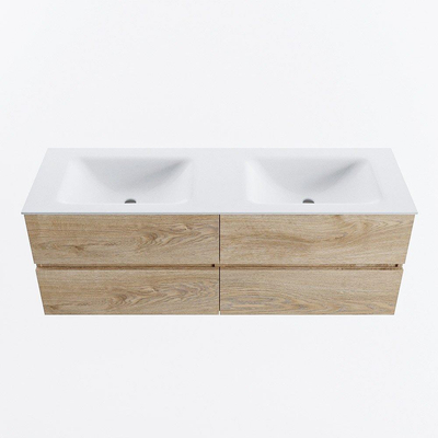 MONDIAZ VICA Badkamermeubelset - 140cm - onderkast washed oak - 4 lades - wastafel cloud dubbel - 2 kraangaten - 60cm hoge versie - talc