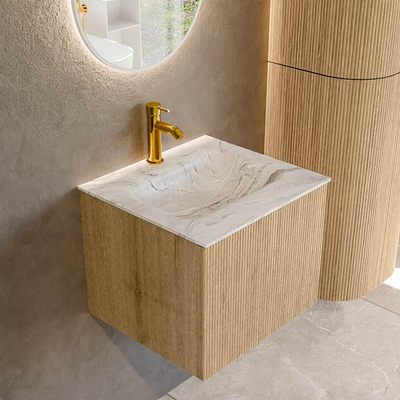 MONDIAZ KURVE-DLUX Meuble de salle de bains 50 cm couleur chêne avec 1 tiroir. Lavabo GRUNNE central 1 trou de robinet couleur Glace.