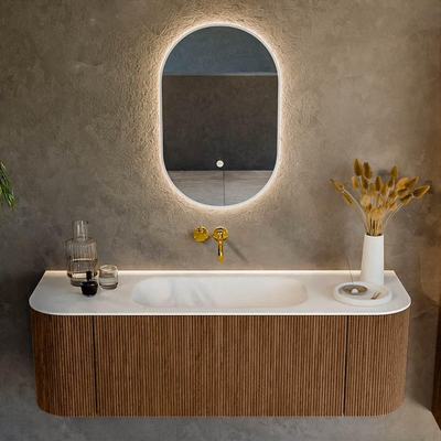 MONDIAZ KURVE 140cm Meuble salle de bain avec module 25 G et D - couleur Walnut - 1 tiroir - 2 portes - vasque BIG SMALL centre - sans trous de robinet - Talc