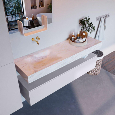 Mondiaz ALAN-DLUX Ensemble de meuble - 150cm - meuble Cale mat - 1 tiroir - Lavabo Cloud Ostra suspendu - vasque gauche - 0 trous de robinet