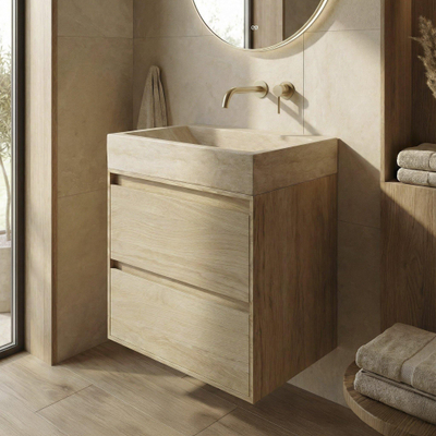 Forzalaqua Ibiza Ensemble meuble de salle de bains - 80x50x70cm - 2 tiroirs - lavabo en travertin - sans trou de robinet - jeu de supports - bouchen de vidage - Smoke