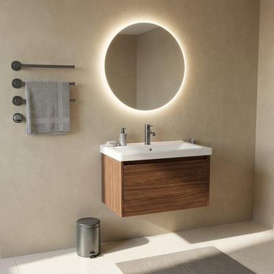 Saniclass Holz Frame Ensemble meuble de salle de bains - 80x45x43.5cm - Bari lavabo en céramique blanc - 1 vasque - 1 trou de robinet - 1 tiroir - noyer pure mat (bois)