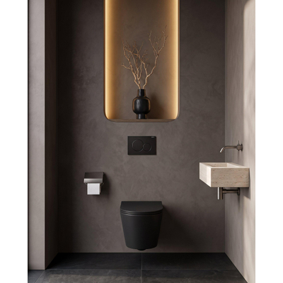 QeramiQ Dely Toiletset - Geberit UP320 inbouwreservoir - met Burda frame - zwart glanzende bedieningsplaat - toilet - zitting - mat zwart
