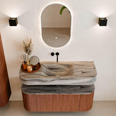 MONDIAZ THOR-DLUX 120cm meuble de salle de bains arrondi gauche + droite couleur Ruby avec 1 tiroir et 2 portes. Vasque suspendue CLOUD Milieu sans trou de robinet couleur Sombra.