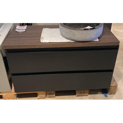INK Wastafelonderkast - 100x45x52cm - 2 lades - greeploos - MDF lak - Zwart mat - met topblad koper eiken- OUTLET UDEN
