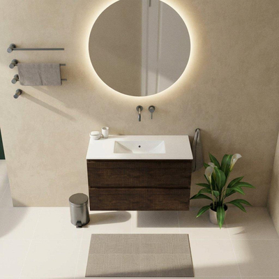 Saniclass Holz Atelier Ensemble de meubles de salle de bains - 100x45x62cm - Lavabo Vygo en céramique blanc - 1 vasque - sans trou de robinet - 2 tiroirs - chêne charcoal mat (bois)