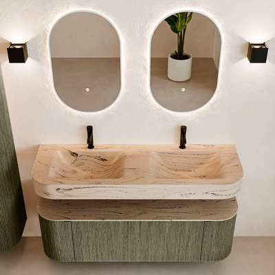 MONDIAZ THOR-DLUX 140cm meuble de salle de bains arrondi gauche + droite couleur Shadow avec 1 tiroir et 2 portes. Vasque suspendue CLOUD Double 2 trous de robinet couleur Arena.