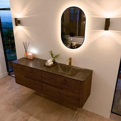 Mondiaz CIRO-DLUX Badkamermeubelset - 160x45x50cm - Solid surface wastafel Lava - 1 wasbak Rechts - 1 kraangat - 4 lades - Dusk